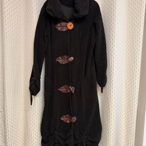 Lee Andersen black Fleece Long Jacket M Leather Leaves Drawstring Hemline